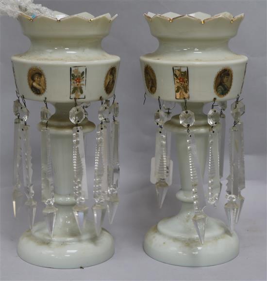 A pair of opaque white glass table lustres
